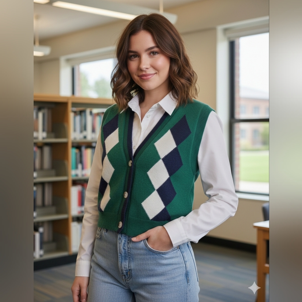 UNBRANDED Emerald Argyle Sweater Vest. Size Small (PTP 18")